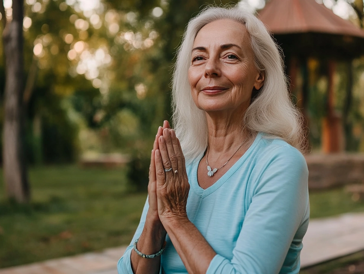 Пенсіонерка займається йогою на природі