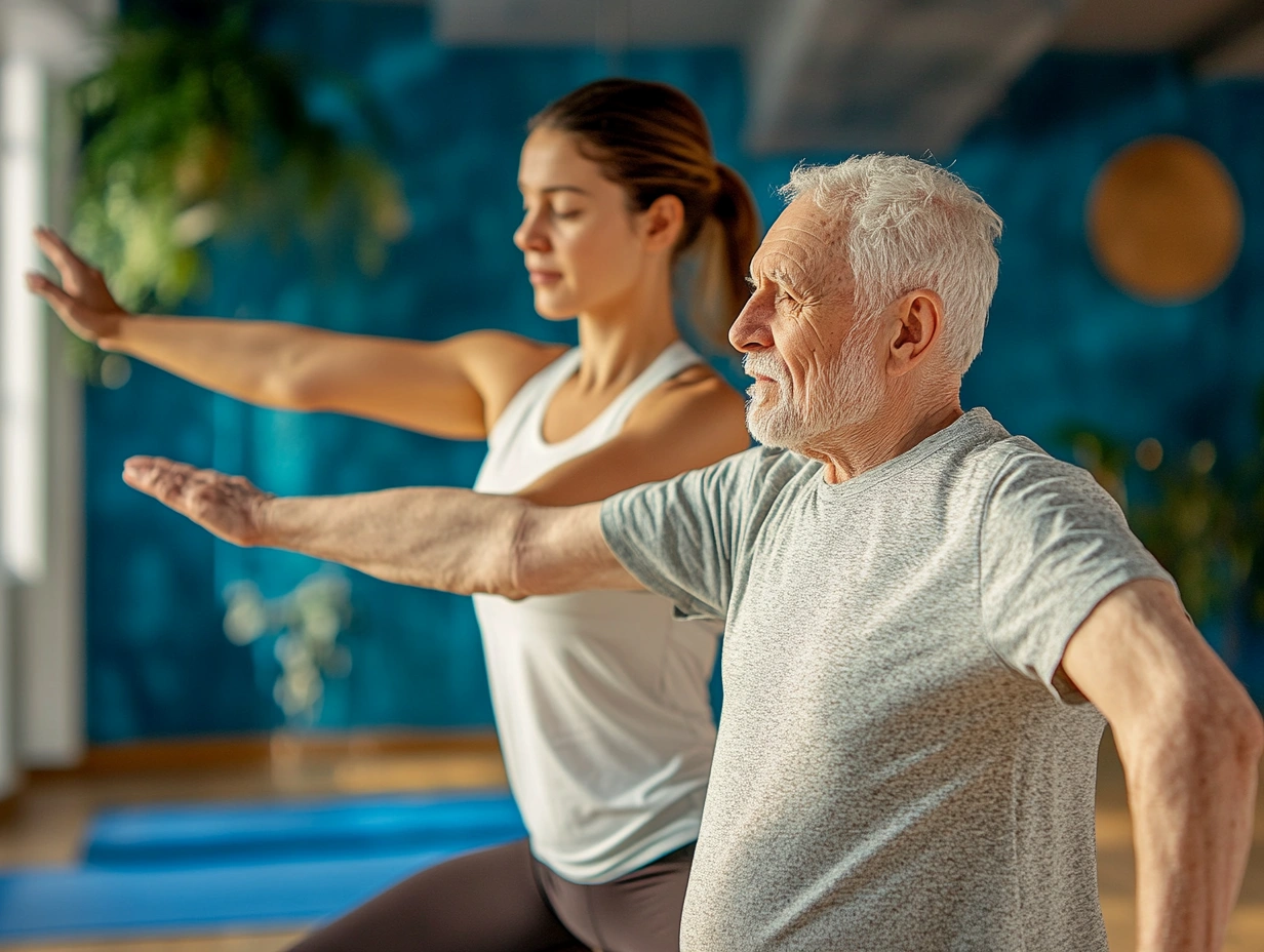 Інструктор допомагає пенсіонеру з вправами