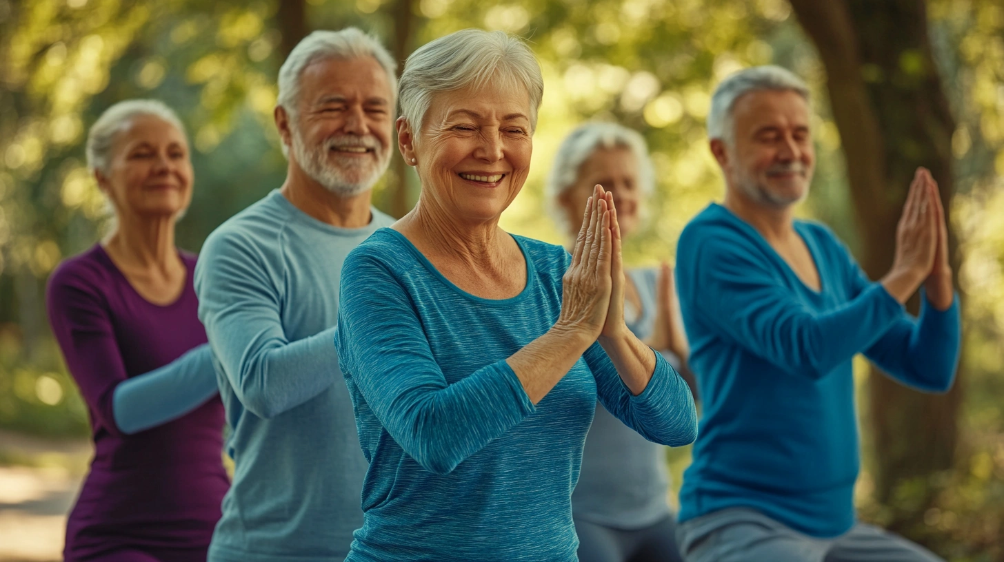 Щаслива група пенсіонерів займається йогою на свіжому повітрі